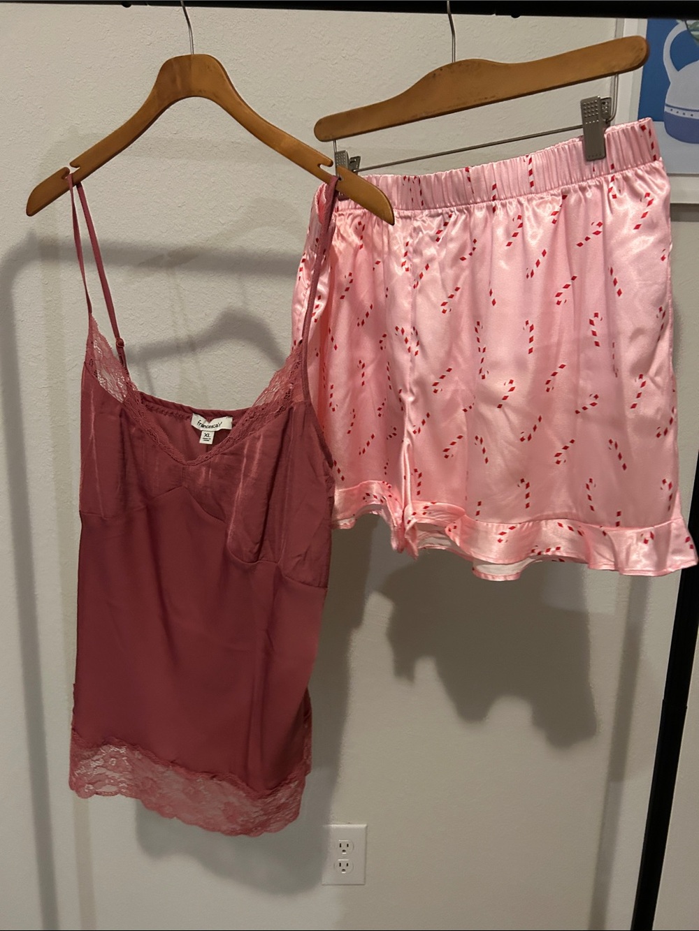 Francesca Pink Satin Candy Cane Print Shorts with Rose Lace Cami